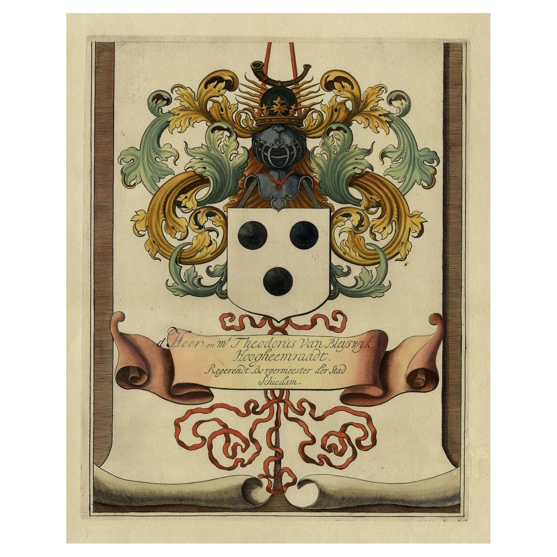 Coat of Arms of Theodorus Van Bleiswijk, Mayor of Schiedam, Netherlands, Ca.1680 For Sale