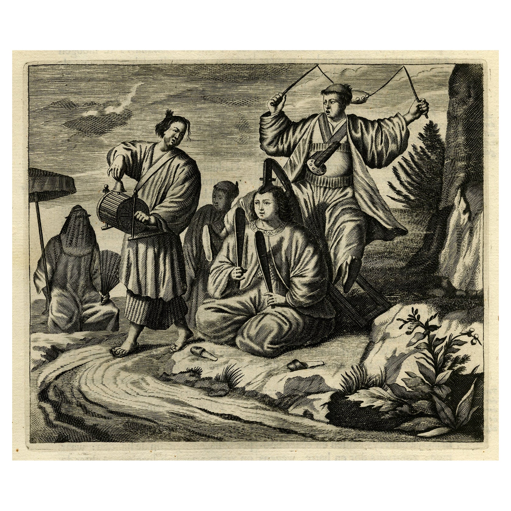 Original Engraving of Japanese Musicians Playing Native Music Instruments, 1669 For Sale