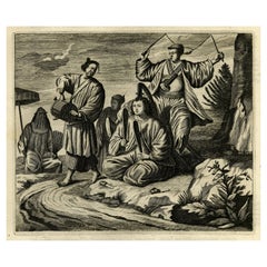 Used Original Engraving of Japanese Musicians Playing Native Music Instruments, 1669