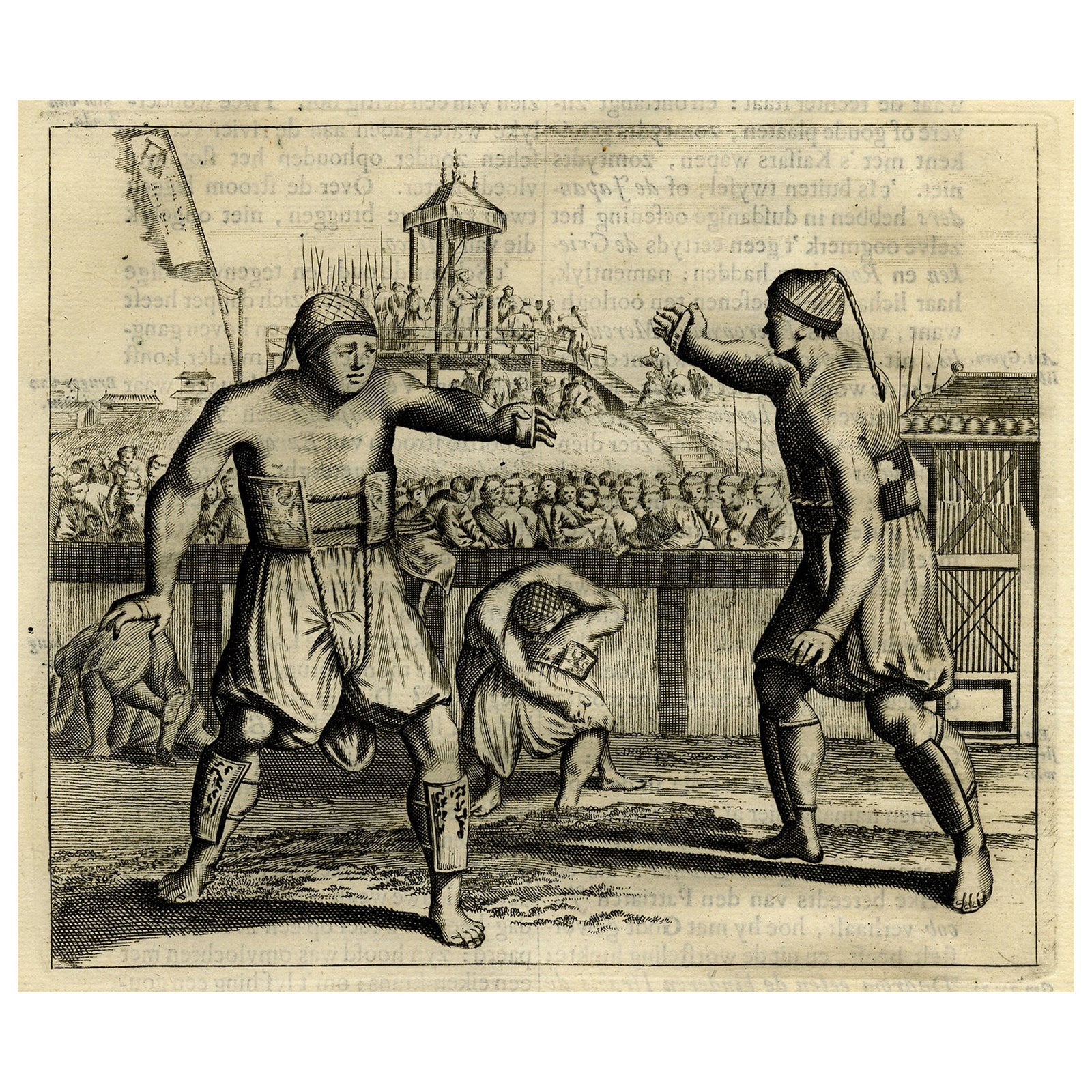 Antique Engraving of Two Japanese Wrestlers Fighting, 1669 For Sale