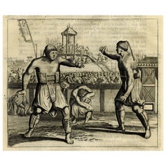 Gravure ancienne de deux lutteurs japonais qui se battent, 1669