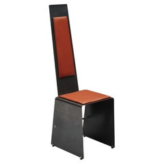 Postmodern Metal & Cognac Leather High Back Dinning Chair, Industrial 1980's