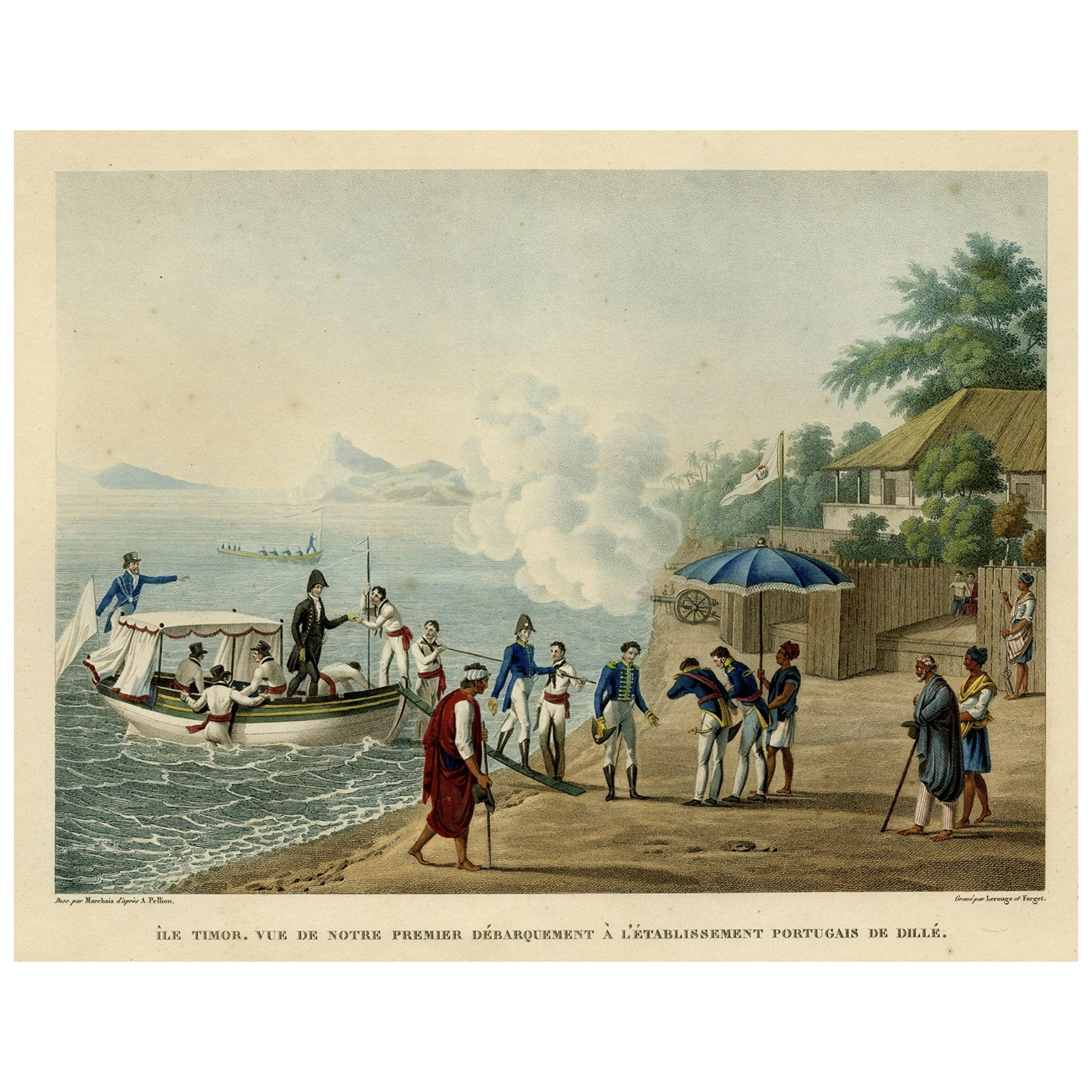Print of the French Disembark at the Portugese Settlement of Dille, Timor, 1825 For Sale