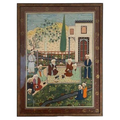Antique Kadjar School Painting « Assembly of Scholars » Islamic Art Late 19th Century