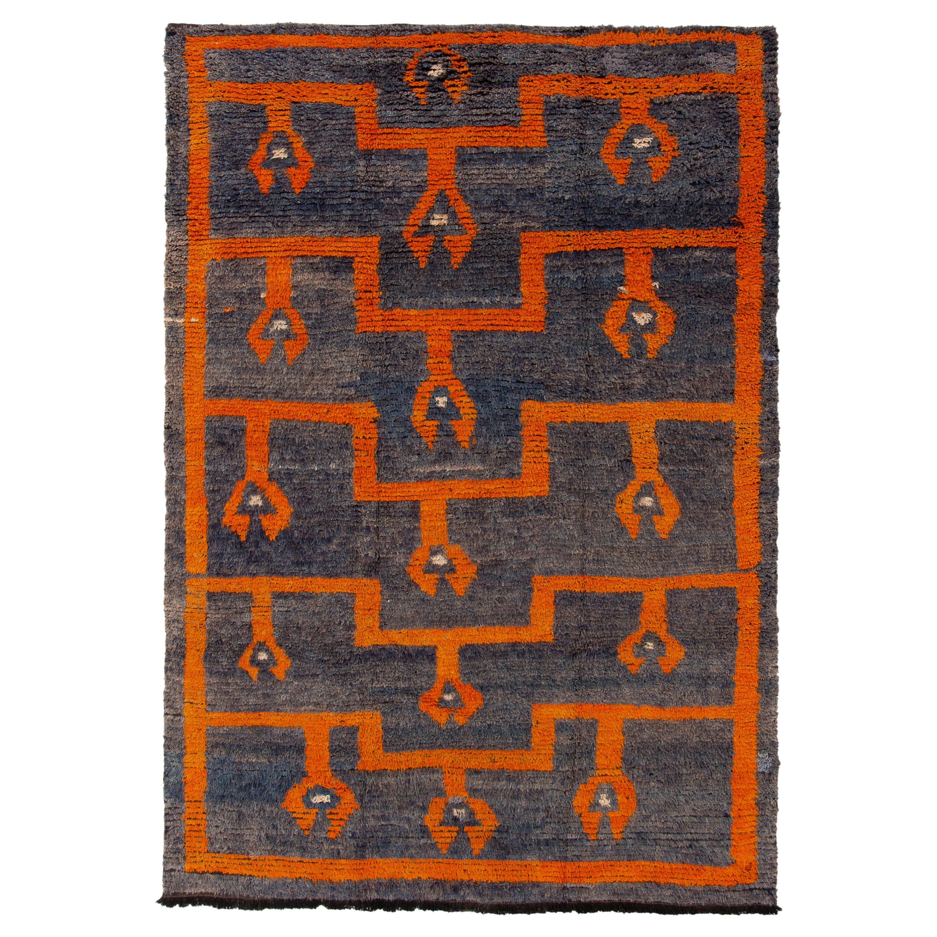 Vintage Tulu Rug in Gray-Blue, Orange Geometric Pattern by Rug & Kilim For Sale