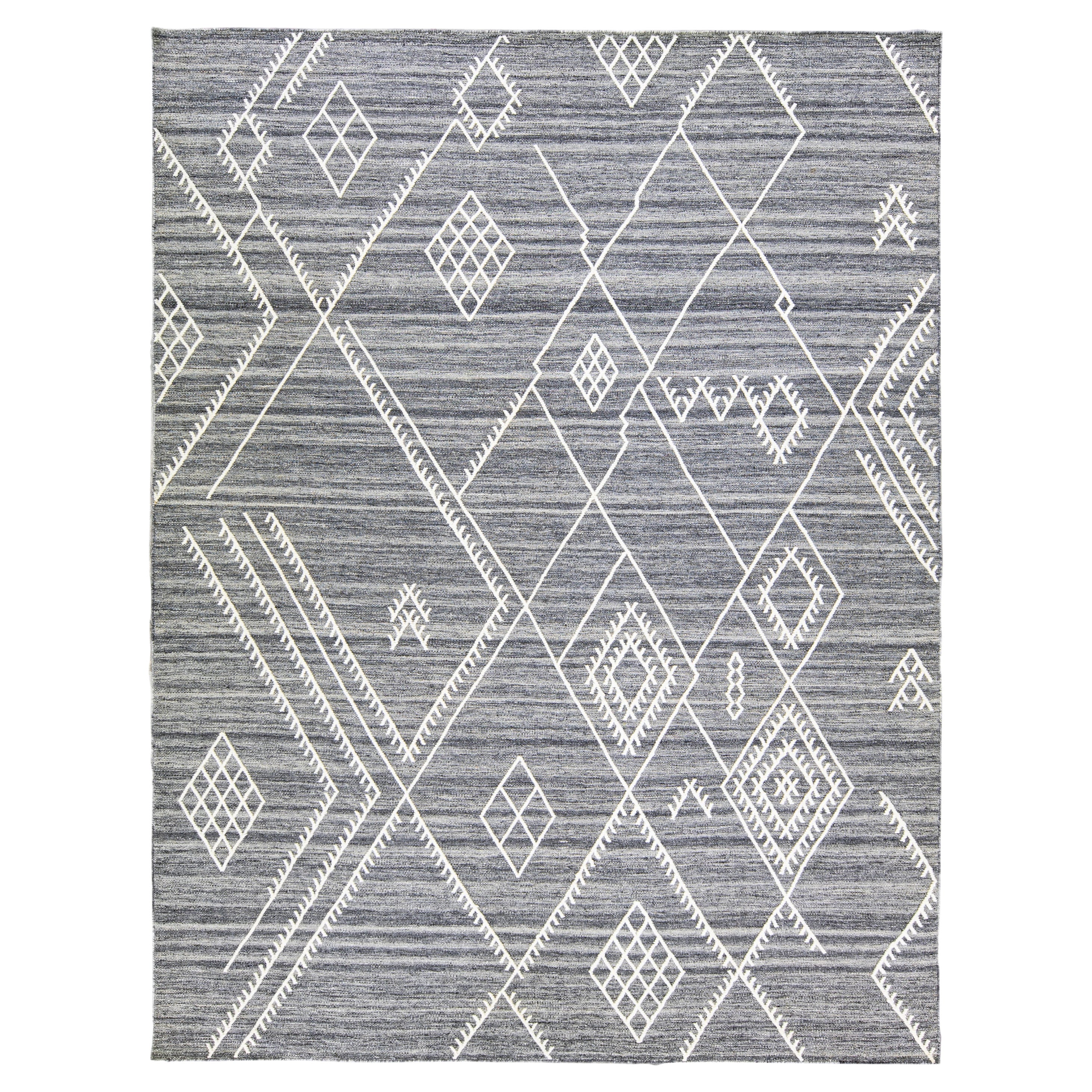 Apadana's Nantucket Collection Flatweave Kilim Coastal Designed Gray Wool Rug