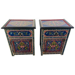 Vintage Moorish Moroccan Blue Hand-painted Nightstand, Side or End Table, a Pair