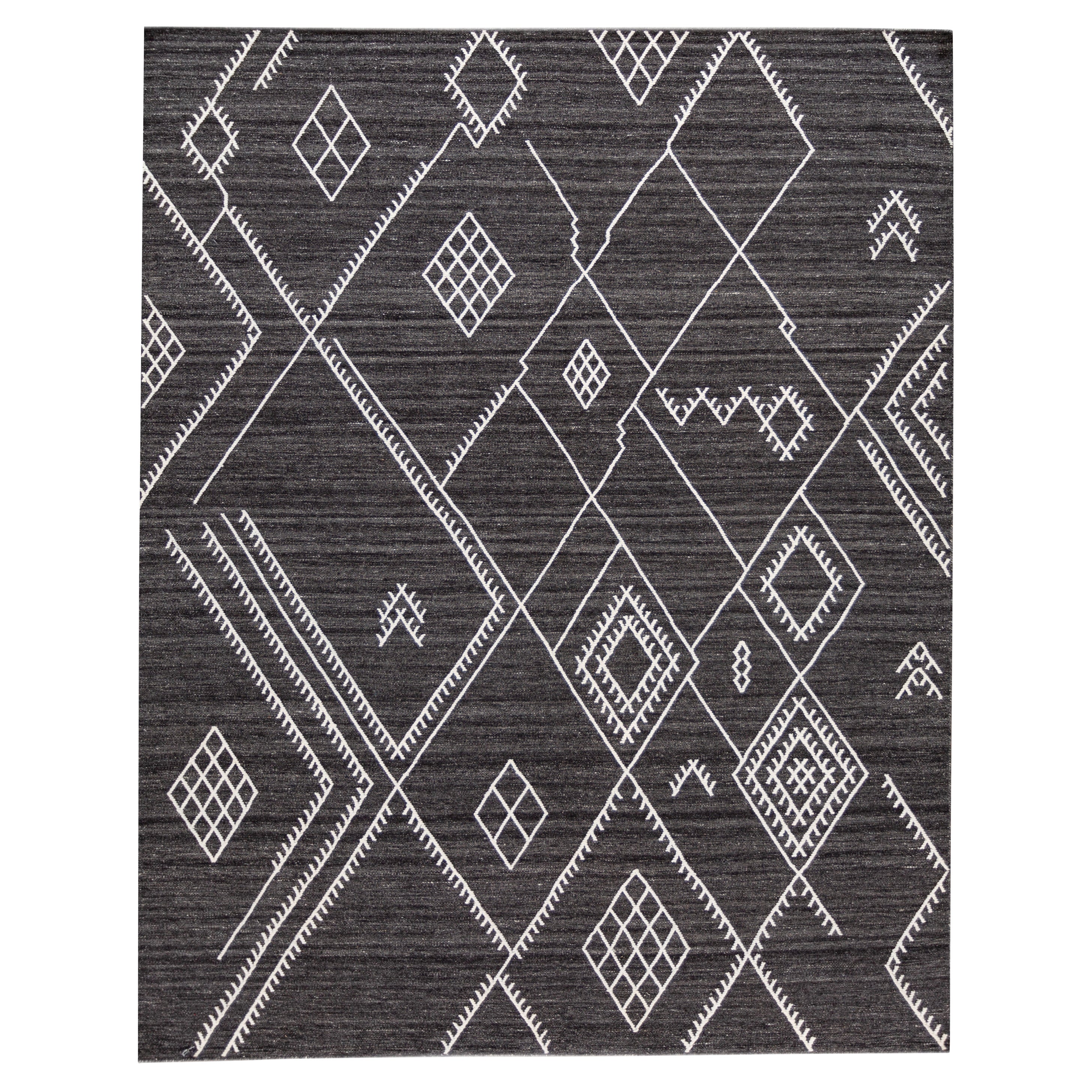 Apadana's Nantucket Collection Flachgewebter Teppich aus schwarzer Wolle mit Untersetzermuster im Angebot