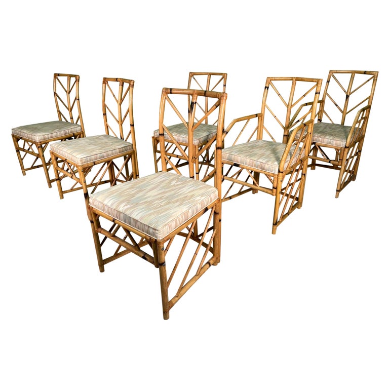 Vintage Chevron Rattan Dining Chairs, Set of 6