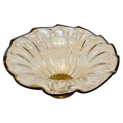 Italian Gold Dust Crystal Murano Glass Scalloped Centerpiece/Bowl with Black Rim