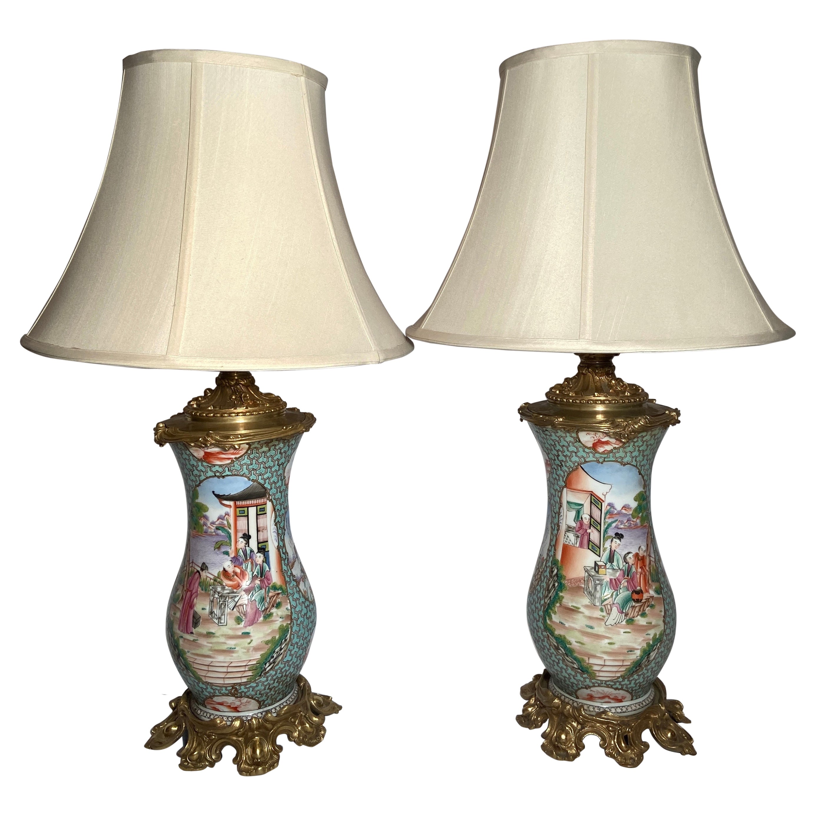 Pair Antique 19th Century French Chinoiserie Porcelain and Gold Bronze Lamps