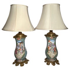 Pair Antique 19th Century French Chinoiserie Porcelain and Gold Bronze Lamps