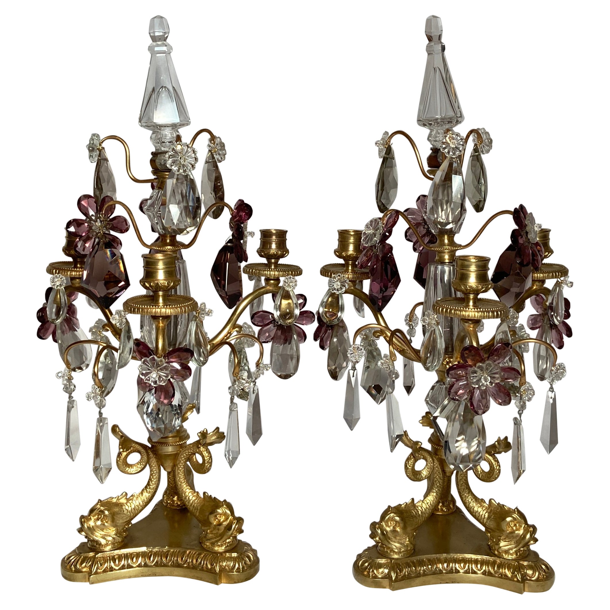 Pair Antique French Crystal and Gold Bronze Candelabra, Circa 1890's For Sale