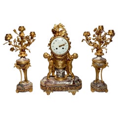 Antique French Bronze D'Ore & Breche d'Alep Marble Clock Garniture Set, Ca 1880