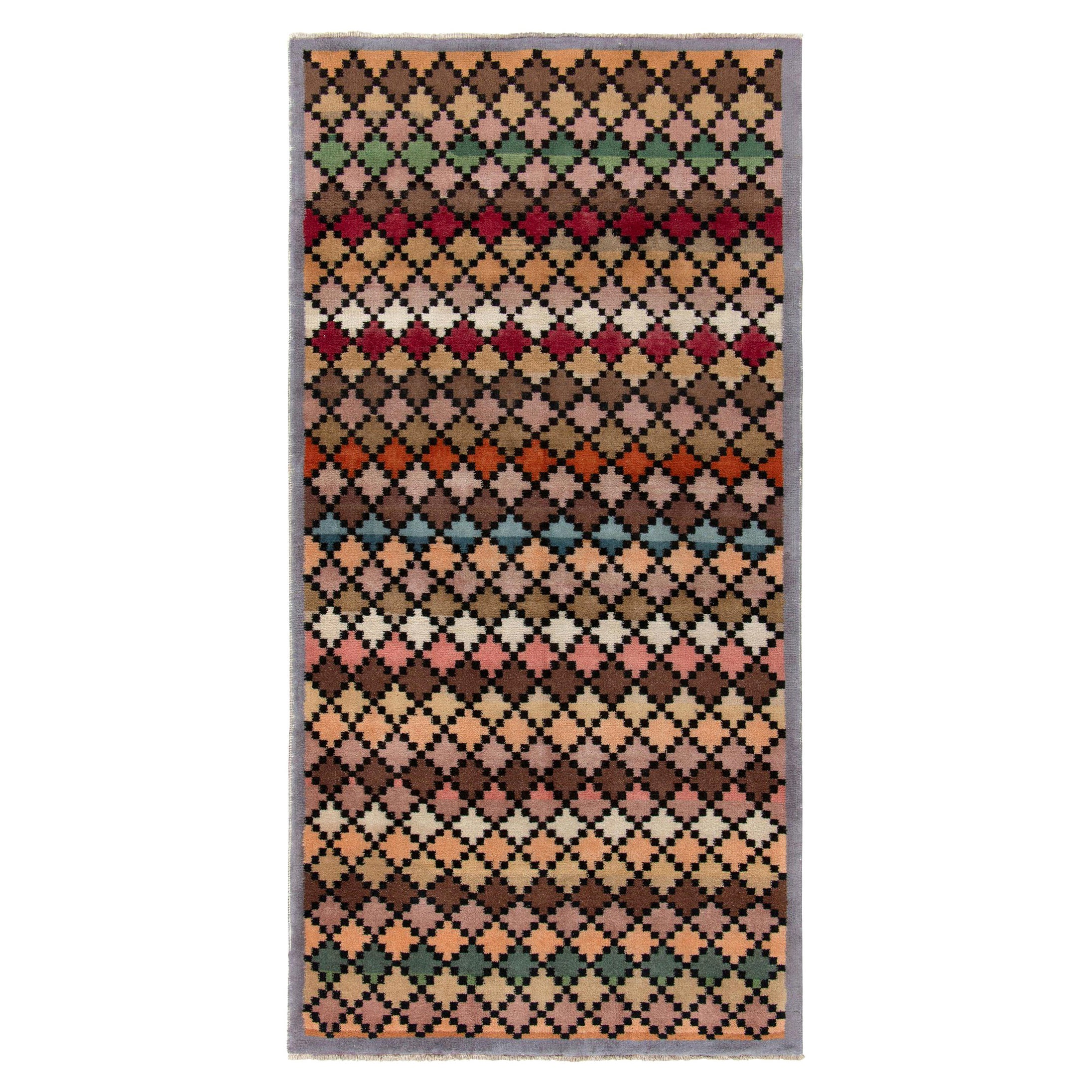 1960s Vintage Deco Rug in Multicolor Geometric Pattern by Rug & Kilim For Sale