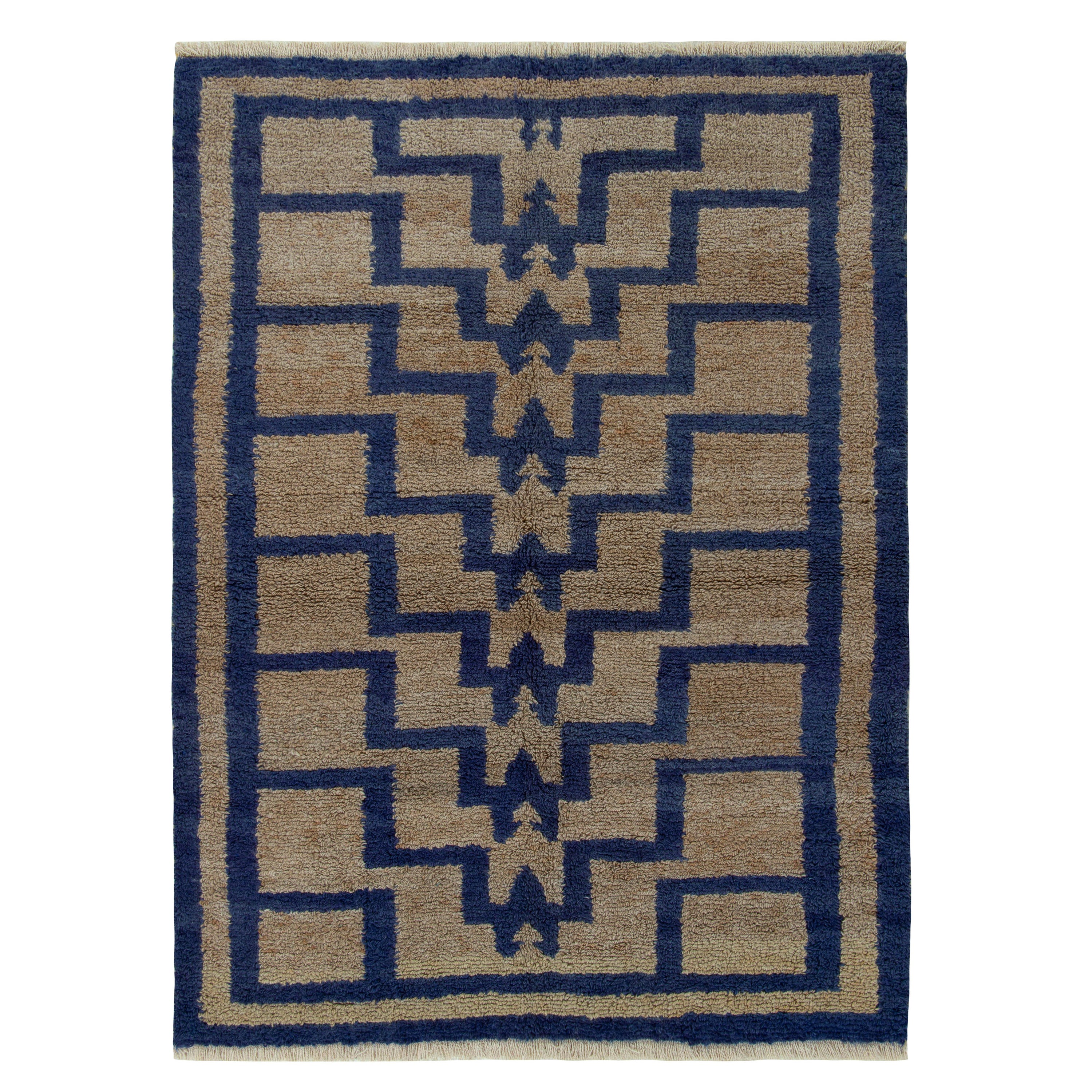 Vintage Tulu Rug in Beige-Brown, Blue Geometric Pattern by Rug & Kilim For Sale