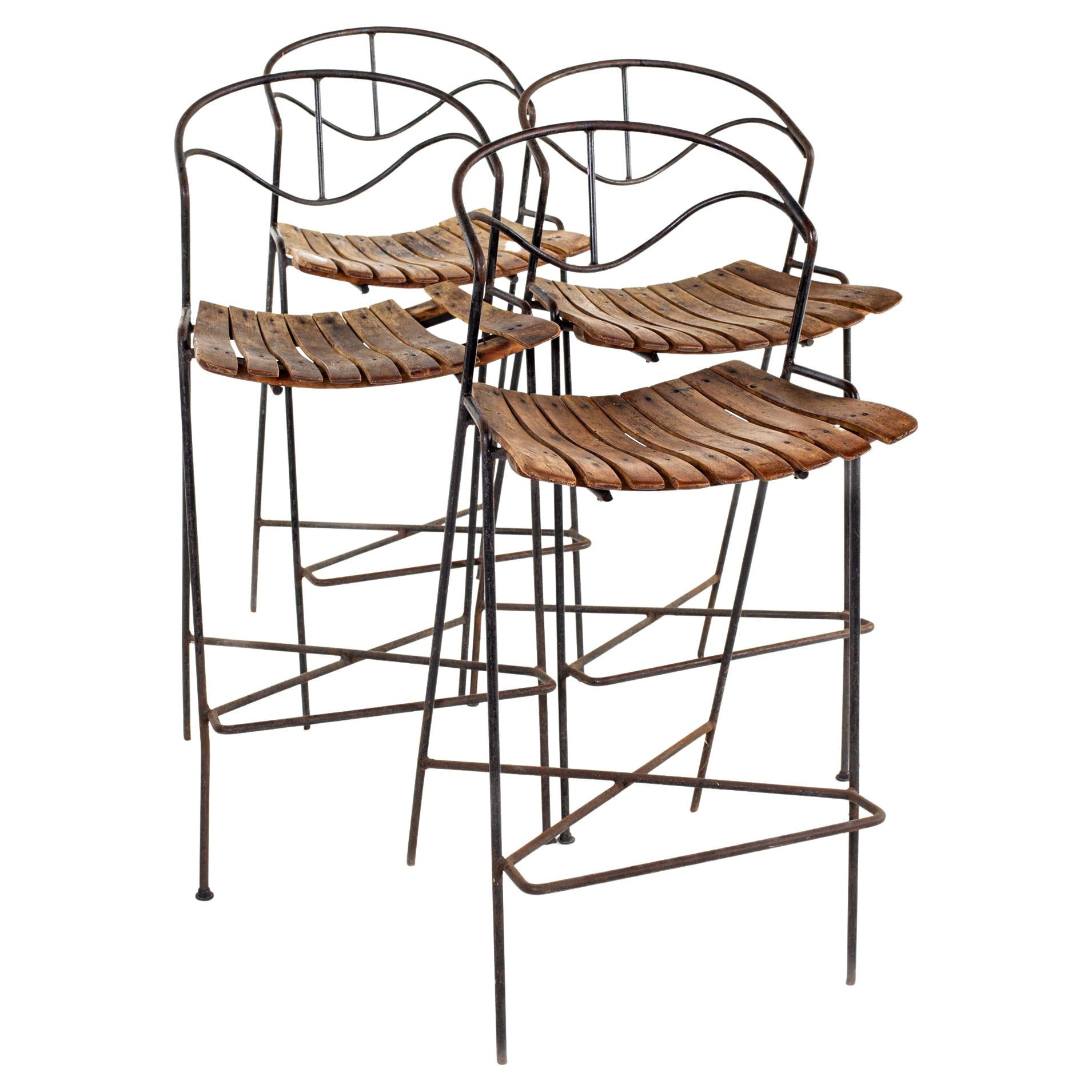 Arthur Umanoff for Raymor Mid Century Iron and Wood Barstools, Set of 4 For Sale