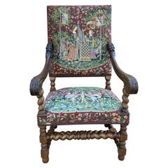 Antique French Chair Tapestry Needlepoint Walnut Fireside Throne Barley Twist