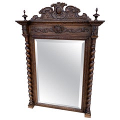 Antique French Mirror Pier Mantel Beveled Carved Oak Crown Barley Twist Large