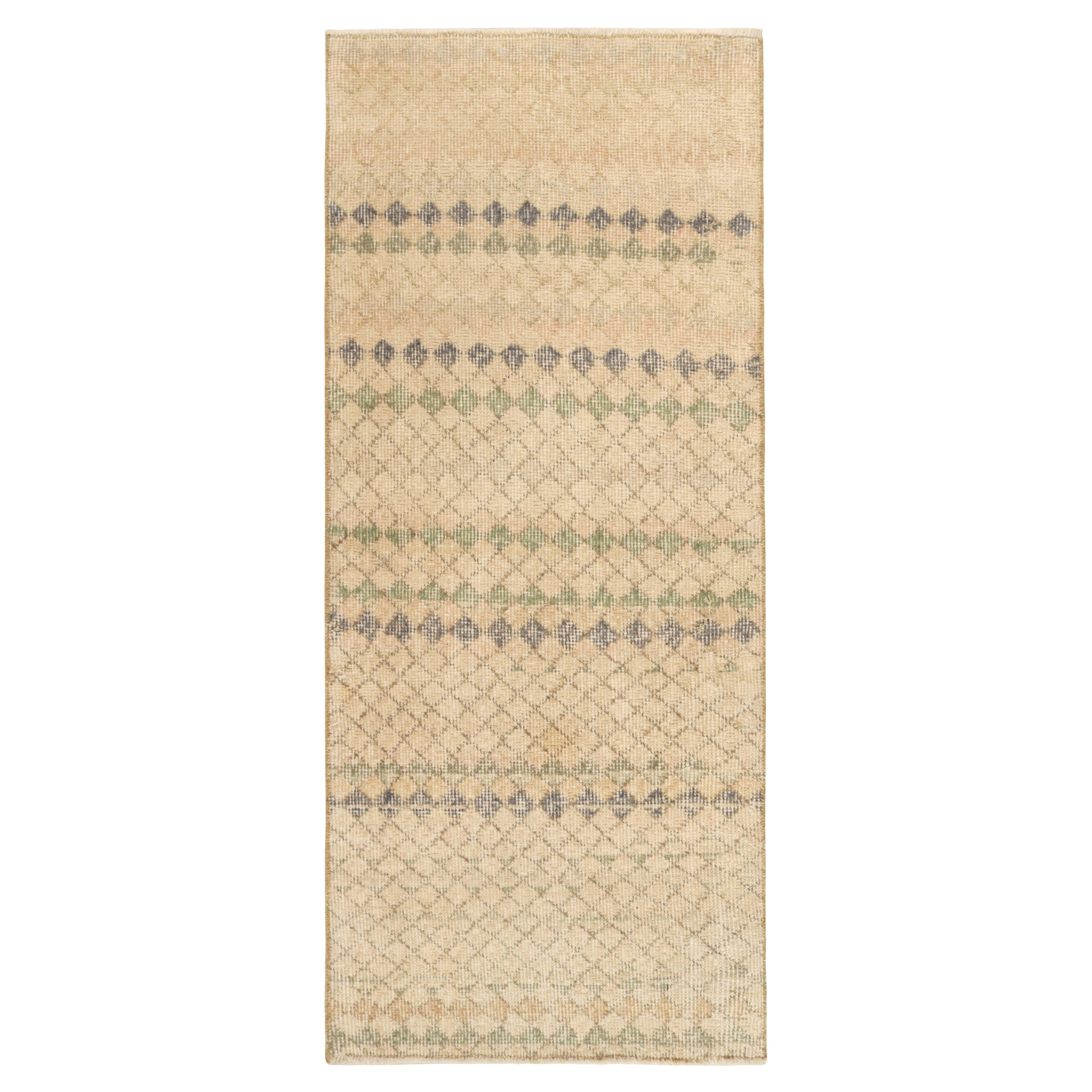 1960s Vintage Distressed Rug in Beige, Blue Geometric Pattern by Rug & Kilim For Sale