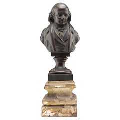19th Century Bronze Bust of Pierre Jean De Beranger on Wooden Plinth