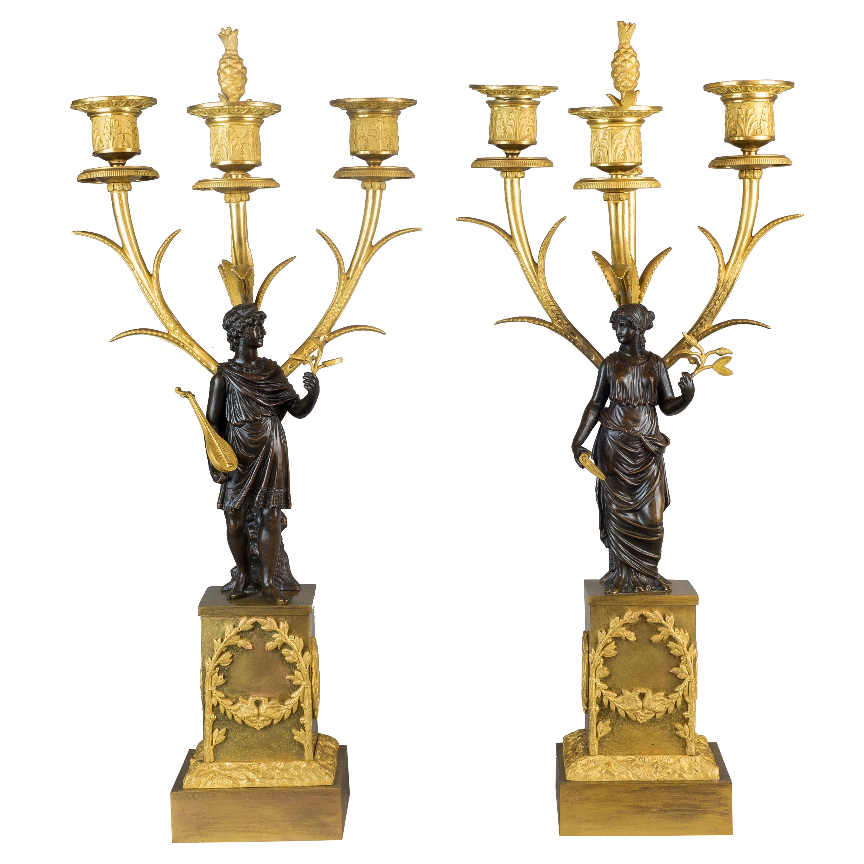 Fine Patinated and Gilt Bronze Three-Light Figural Candelabras For Sale