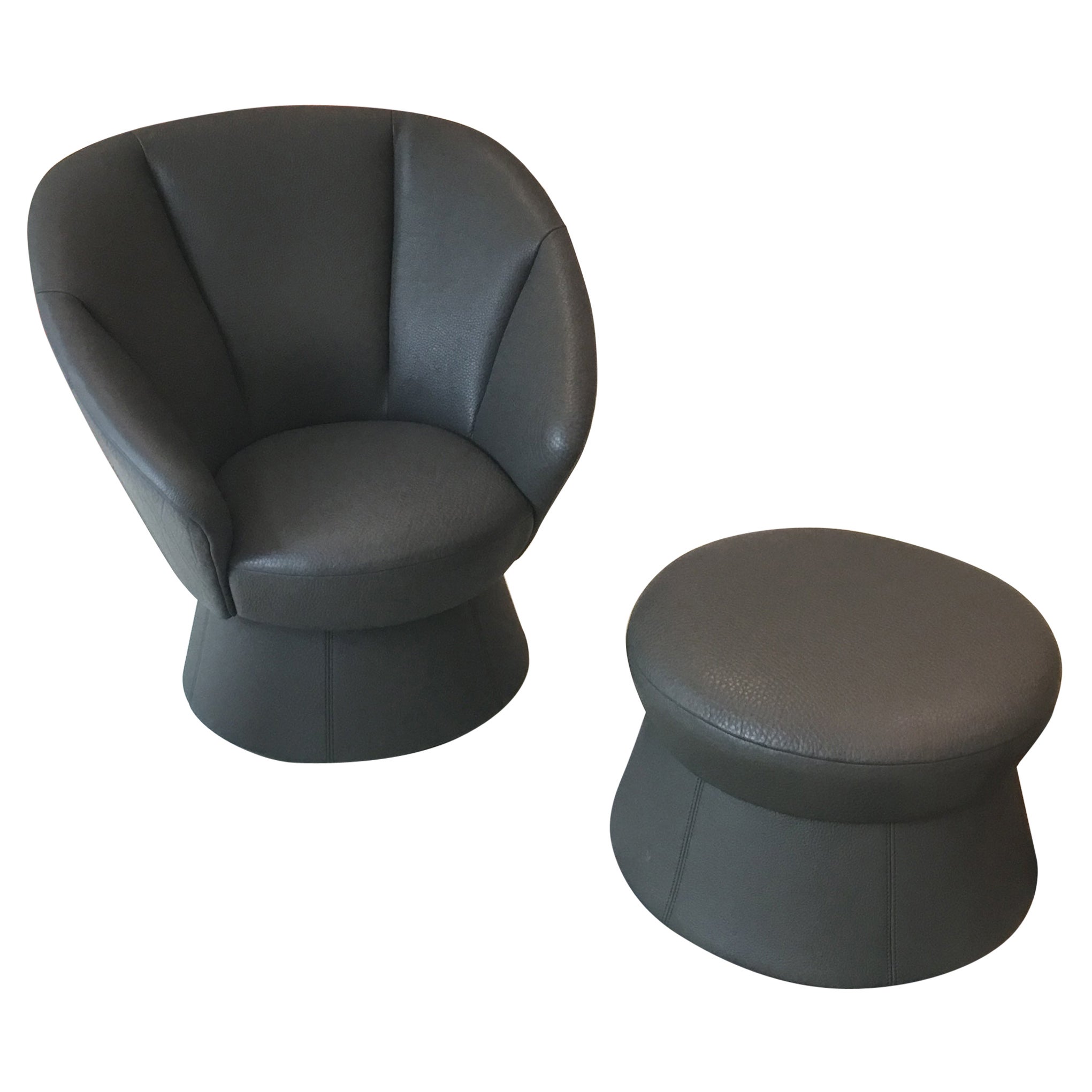 DS-163 Dark Grey Leather Swiveling Lounge Chair & Ottoman by de Sede