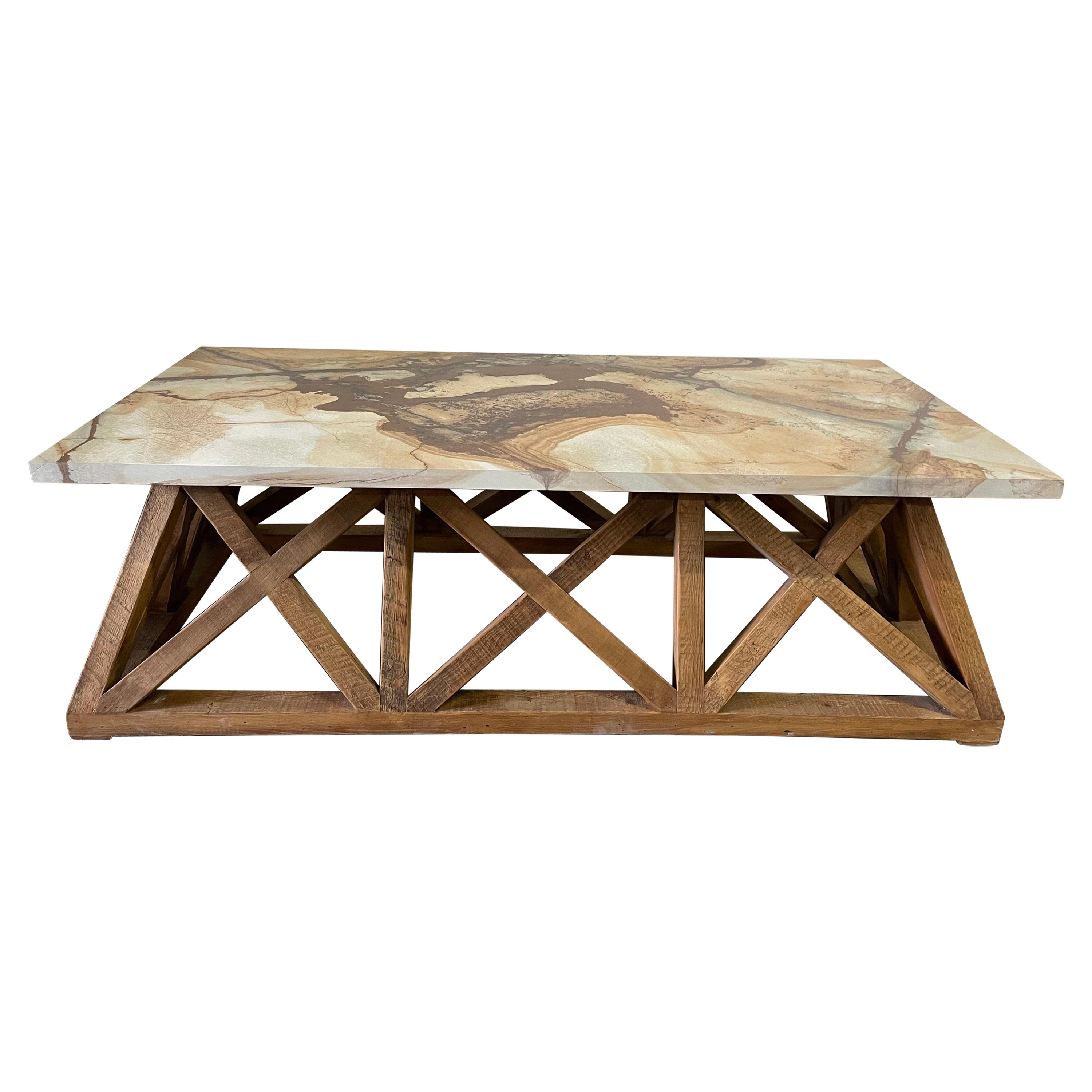 Organic Modern Lattice Wood Base with Marble Top Coffee Table