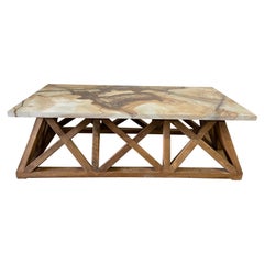 Organic Modern Lattice Wood Base with Marble Top Coffee Table