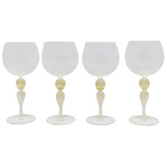 Italian Gold Venetian Murano Wine Goblet Glasses, Set of 4