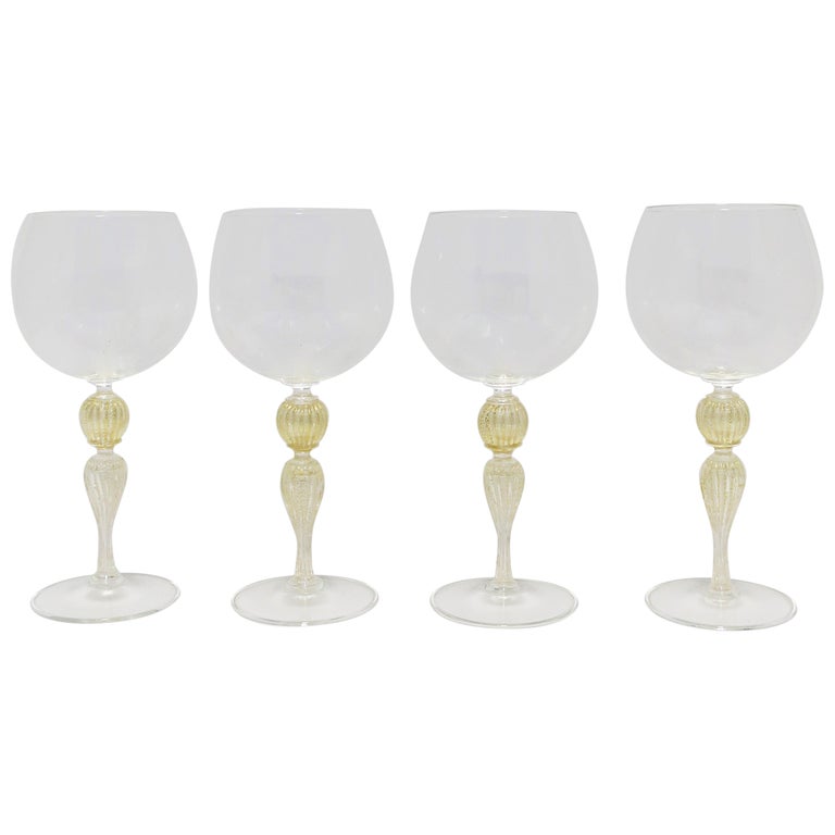 Italian Gold Venetian Murano Wine Goblet Glasses, Set of 4 For Sale