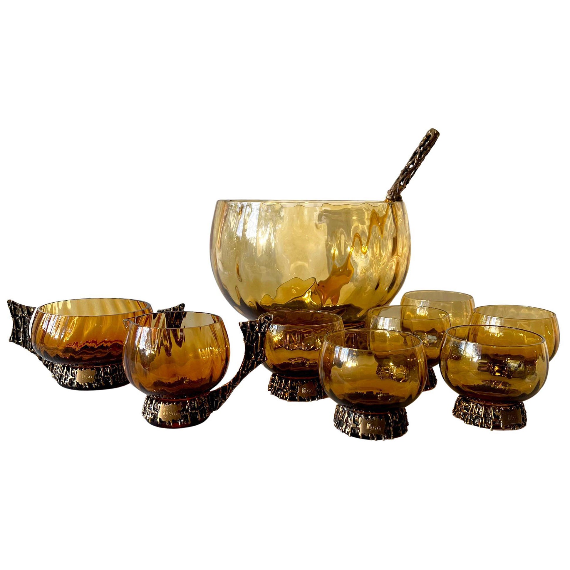 Pentti Sarpaneva Glass Bronze Turun Hopea Punch Bowl Ladle Cups Cream Sugar Set For Sale