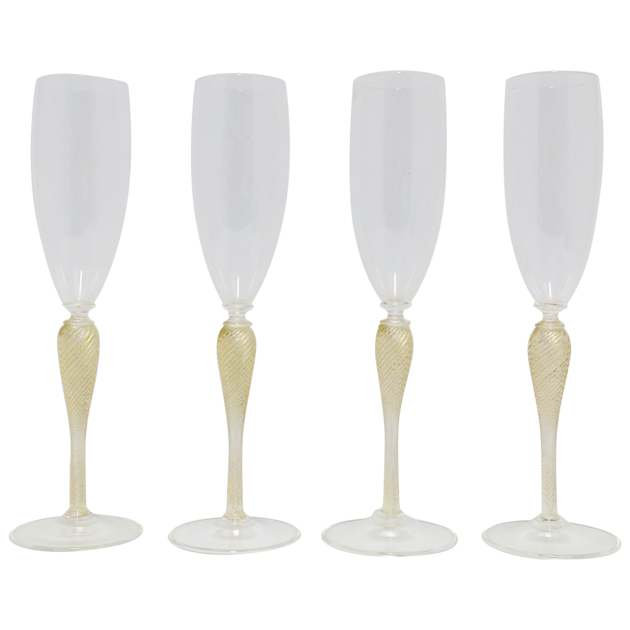 Italian Venetian Murano Gold Champagne Flute Glasses, Set of 4