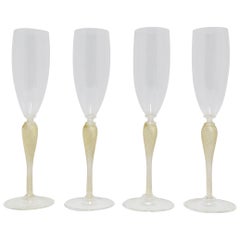 Italian Venetian Murano Gold Champagne Flute Glasses, Set of 4