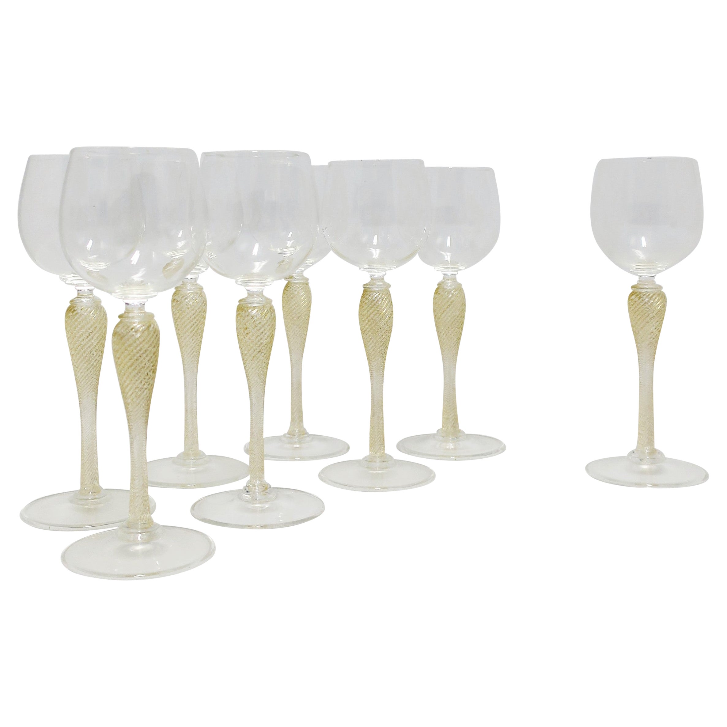 Italian Venetian Murano Gold Art Glass Wine or Cocktail Glasses, Set of 8