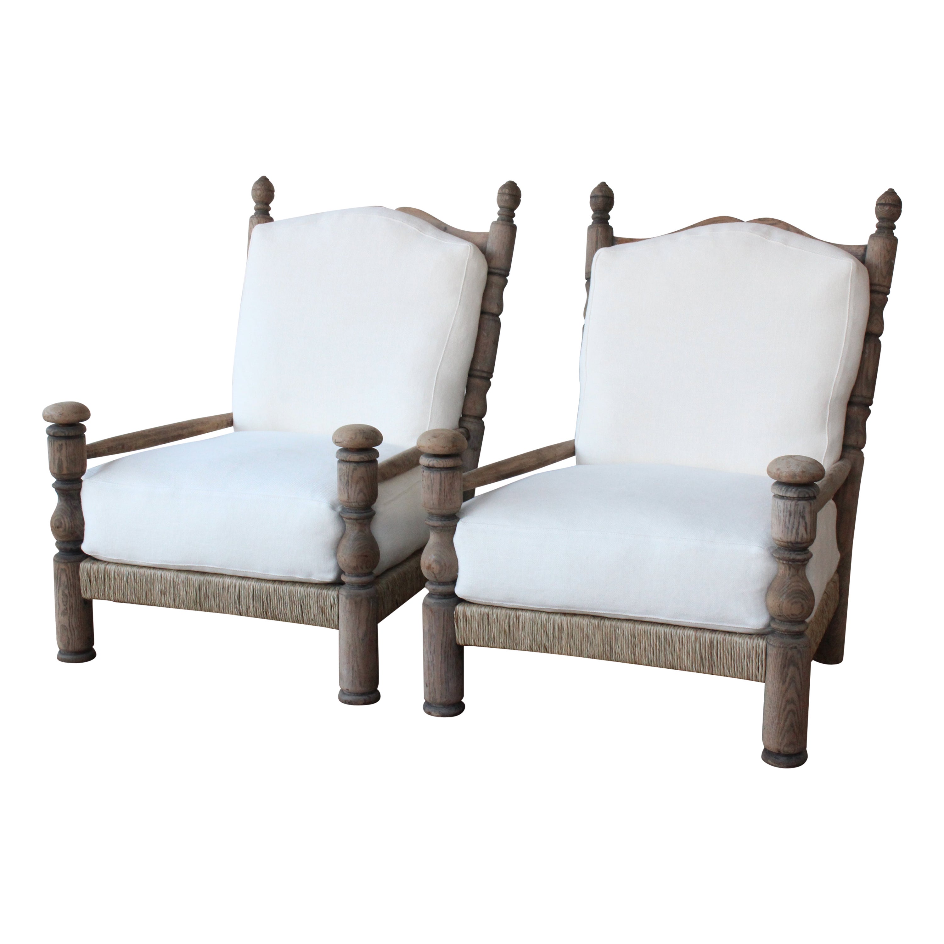 Pair of Oak and Rush Lounge Chairs, France, 1940s.