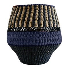 Contemporary Golden Editions Small Vase Handwoven Straw Striped Indigo