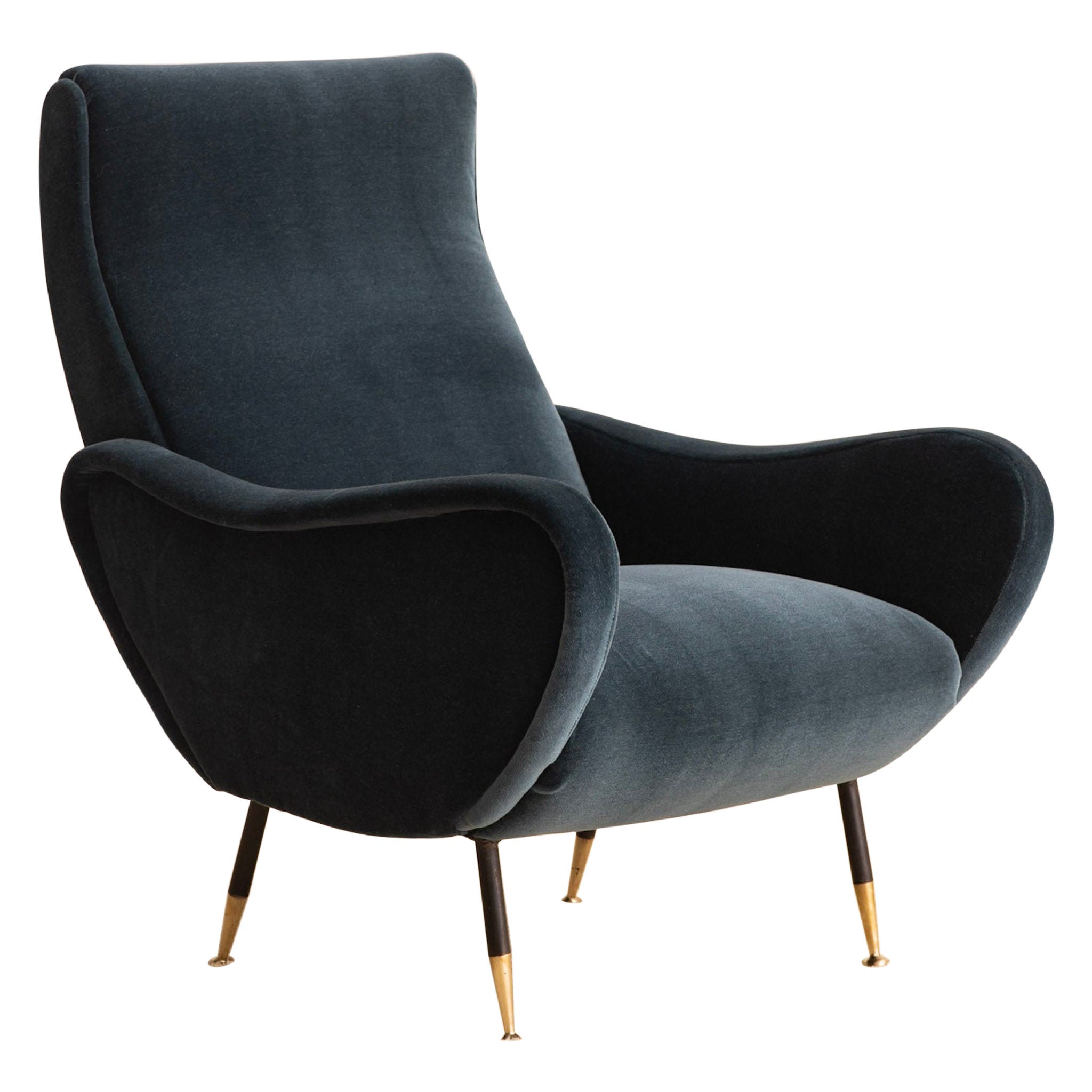 Mid-Century Italian Teal Mohair Lounge Chair in the Style of Marco Zanuso