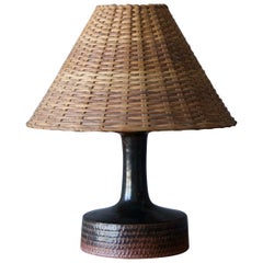 Stig Lindberg, Studio Table Lamp, Stoneware, Rattan, Gustavsberg, Sweden, 1950s