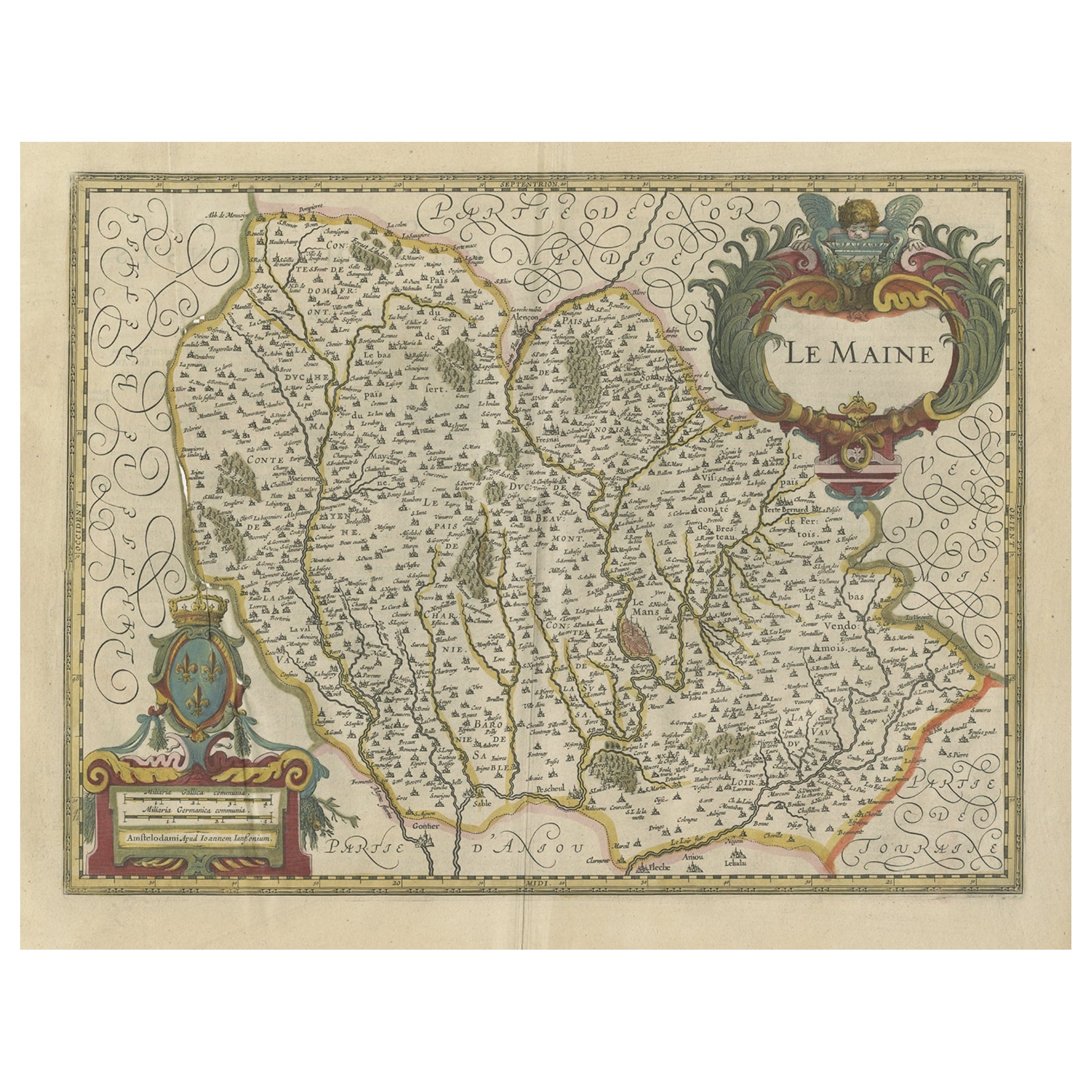 Antique Map of the French Province Maine, Showing Le Mans, Alencon Etc., Ca1640 For Sale