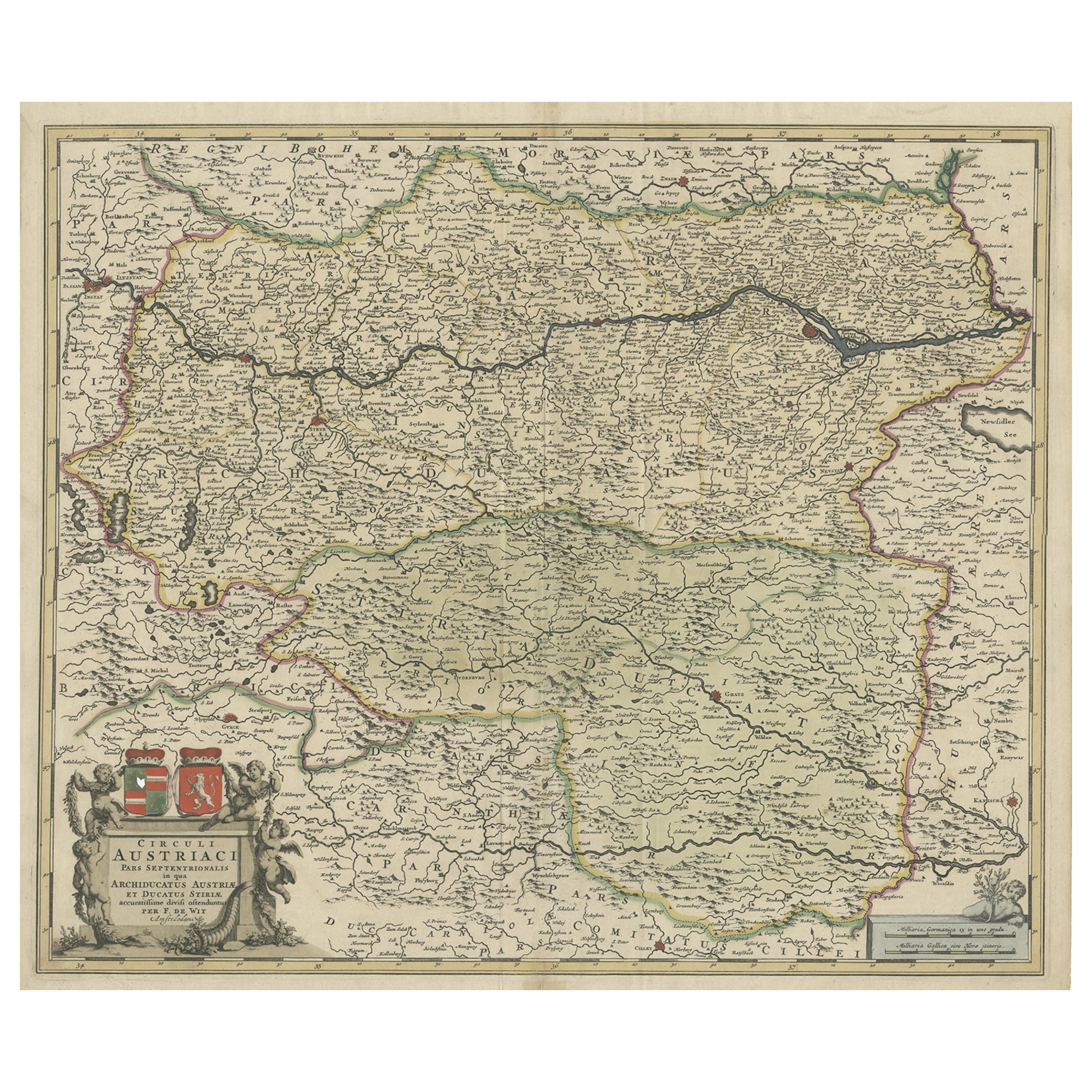 Antique Map of Austria, Centered Around the Danube from Passau to Vienna, C.1690 For Sale
