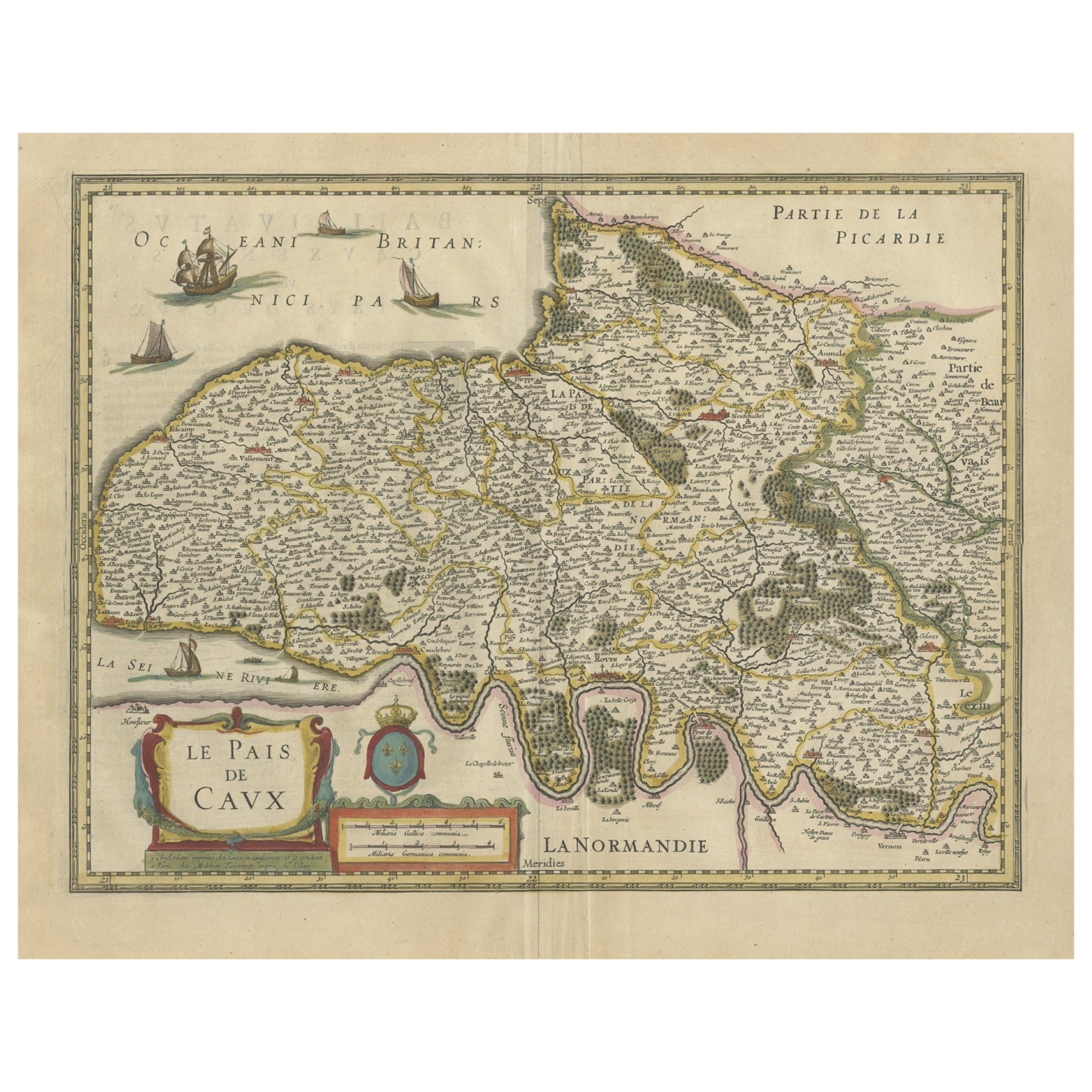 Old Handcolored Antique Map of Pays De Caux in Normandy, France, ca.1640 For Sale
