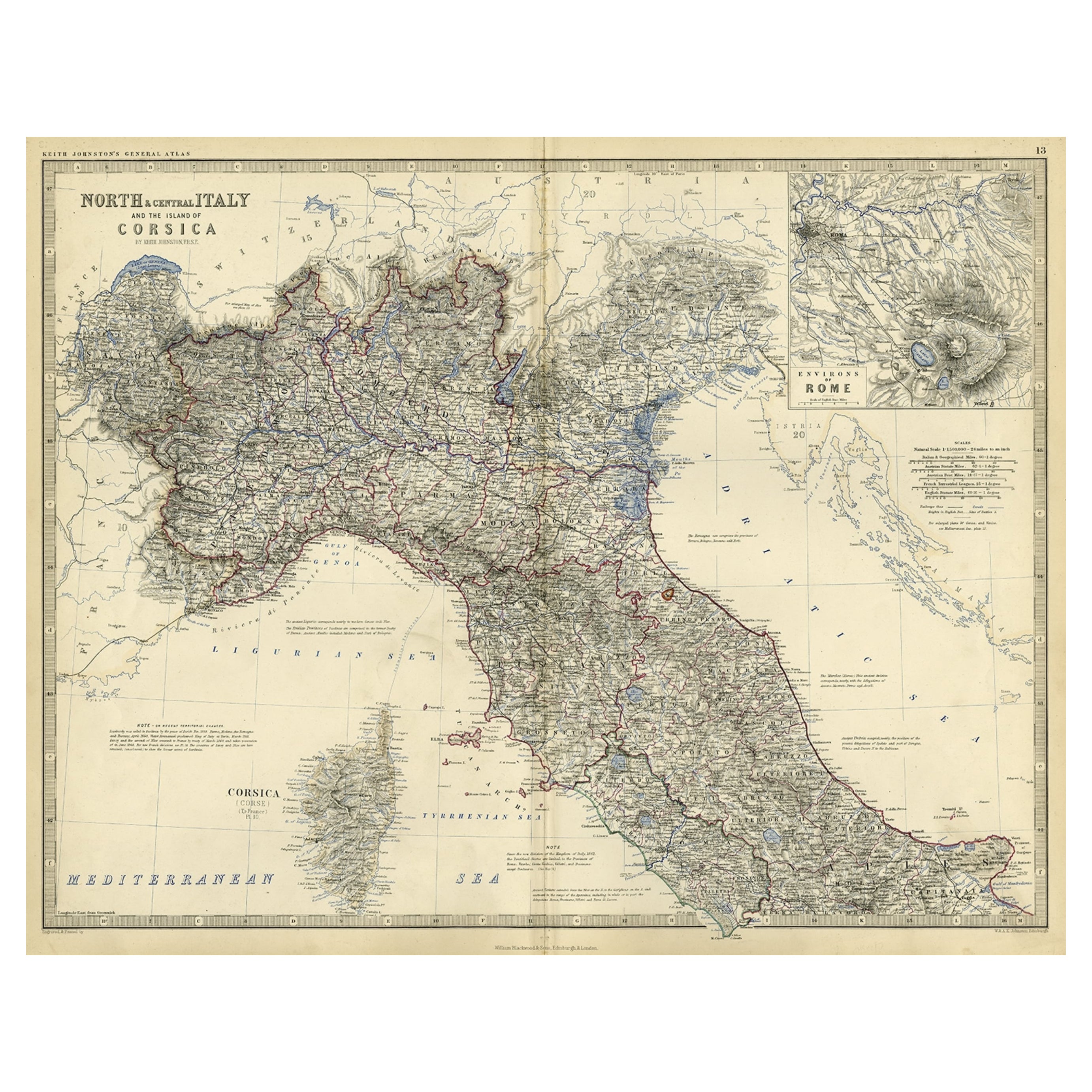 Old Coloure Map of North & Central Italy & Corsica with an Inset of Rome, c.1860
