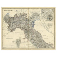 Alte farbige Karte von Nord- und Mittelitalien und Korsica mit einem Einsatz von Rom, um 1860