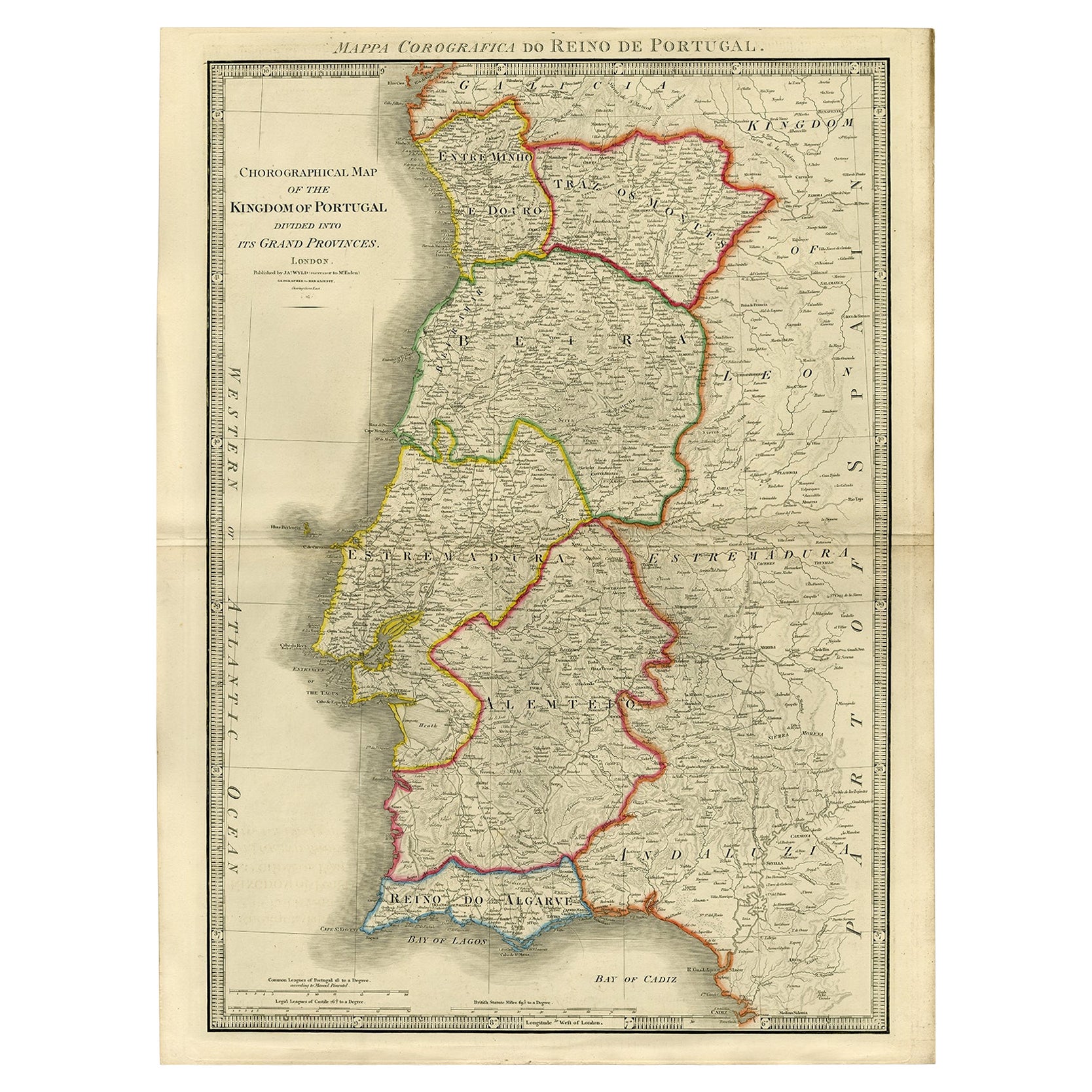 Grande carte gravée du Royaume du Portugal, colorée à la main, 1854