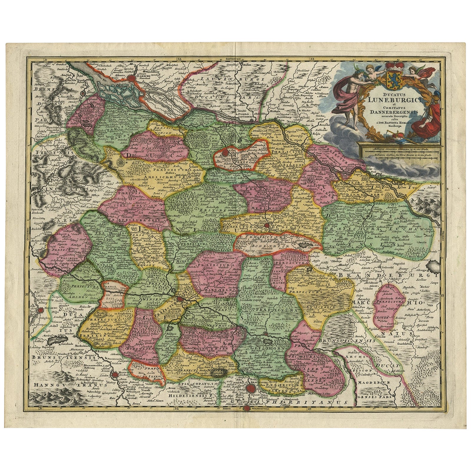 Carte régionale de l'Allemagne, incluant Hambourg, Luneberg, Hannover, Braunsweig, etc., vers 1720