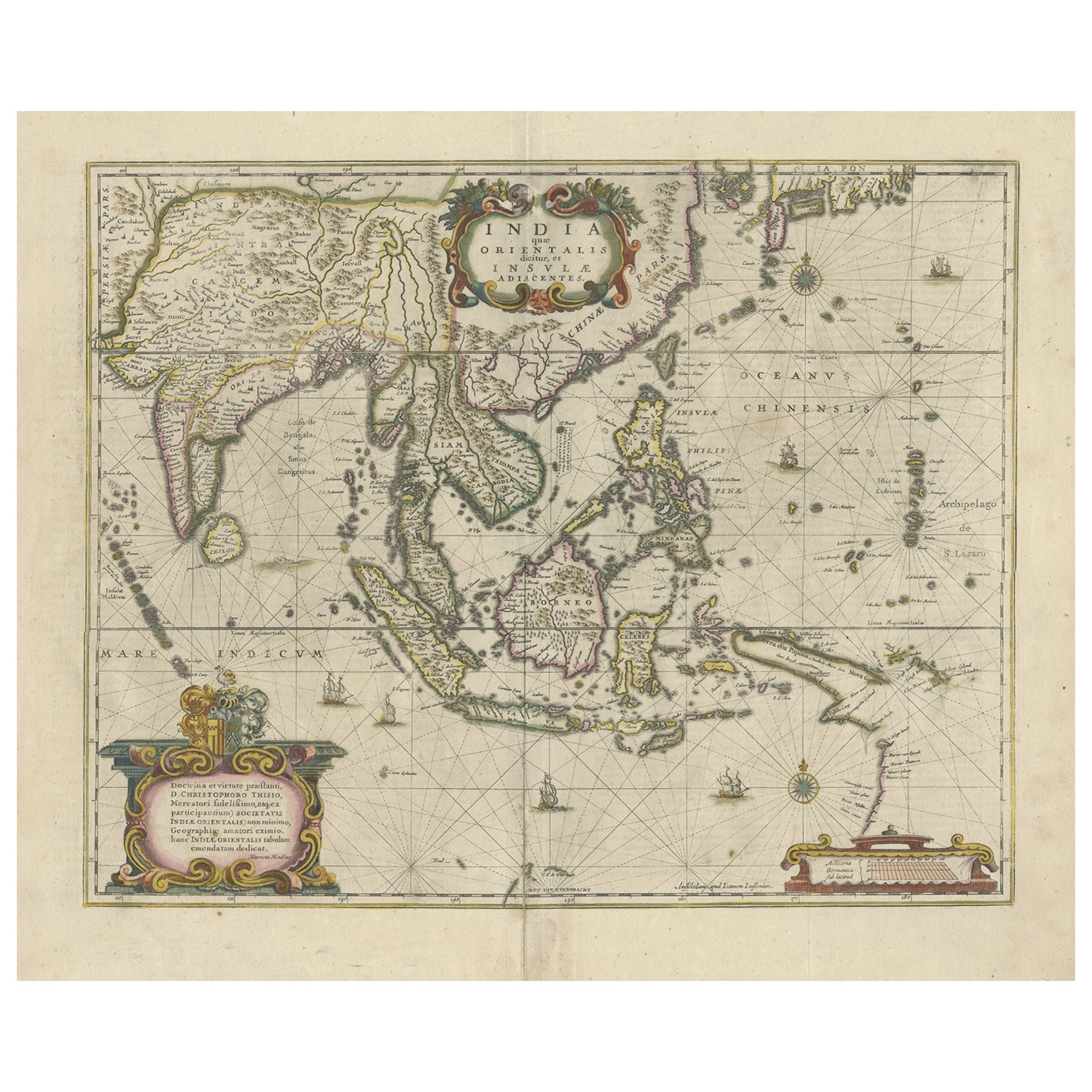 Old Antique Map of the East Indies and Southeast Asia, ca.1644 For Sale