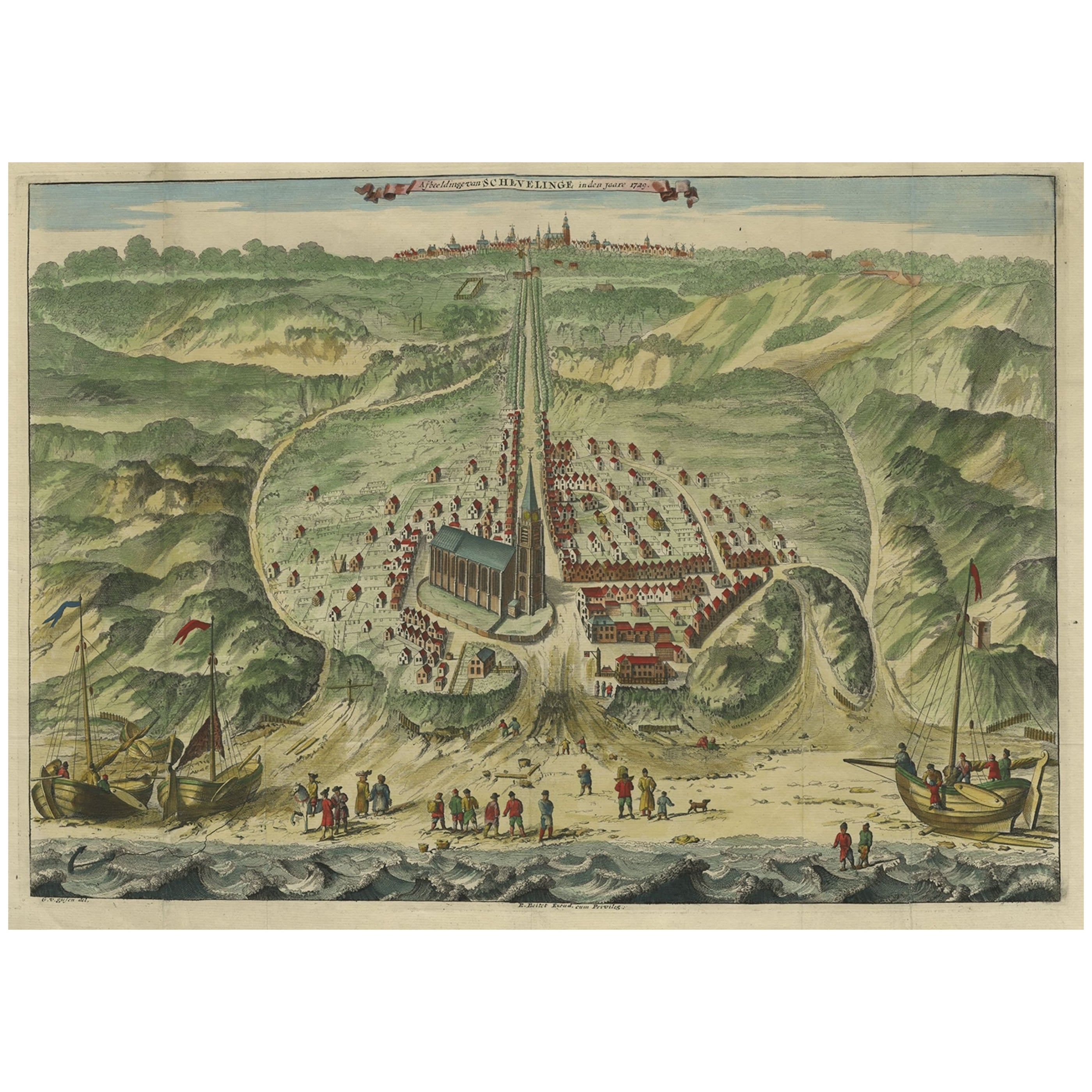 Antike Vogelaugenansicht von Scheveningen in der Nähe von Hague, Niederlande, 1730 im Angebot