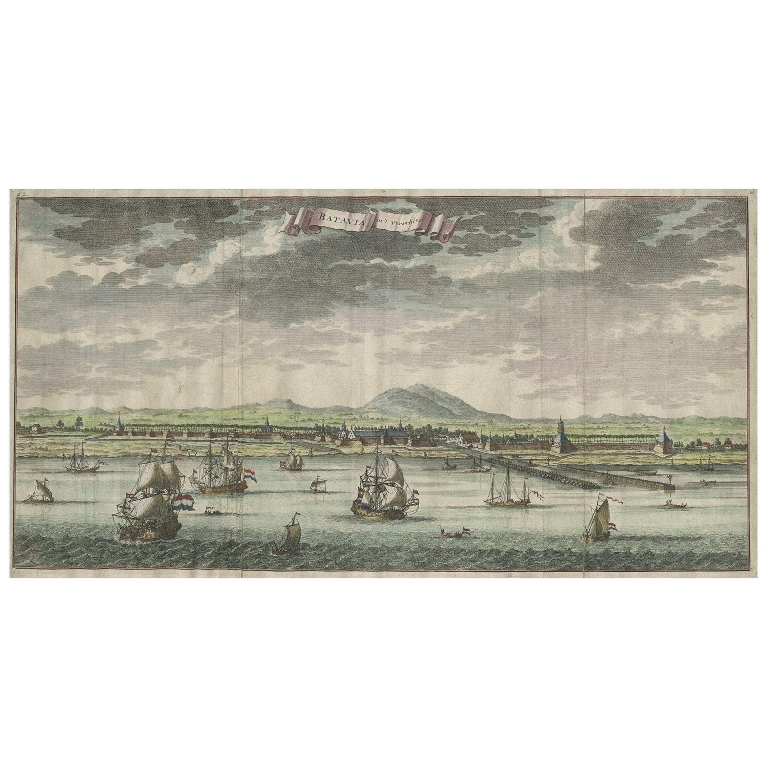Large Antique Panoramic View on Batavia, Present Day Jakarta, Indonesia, 1726 For Sale