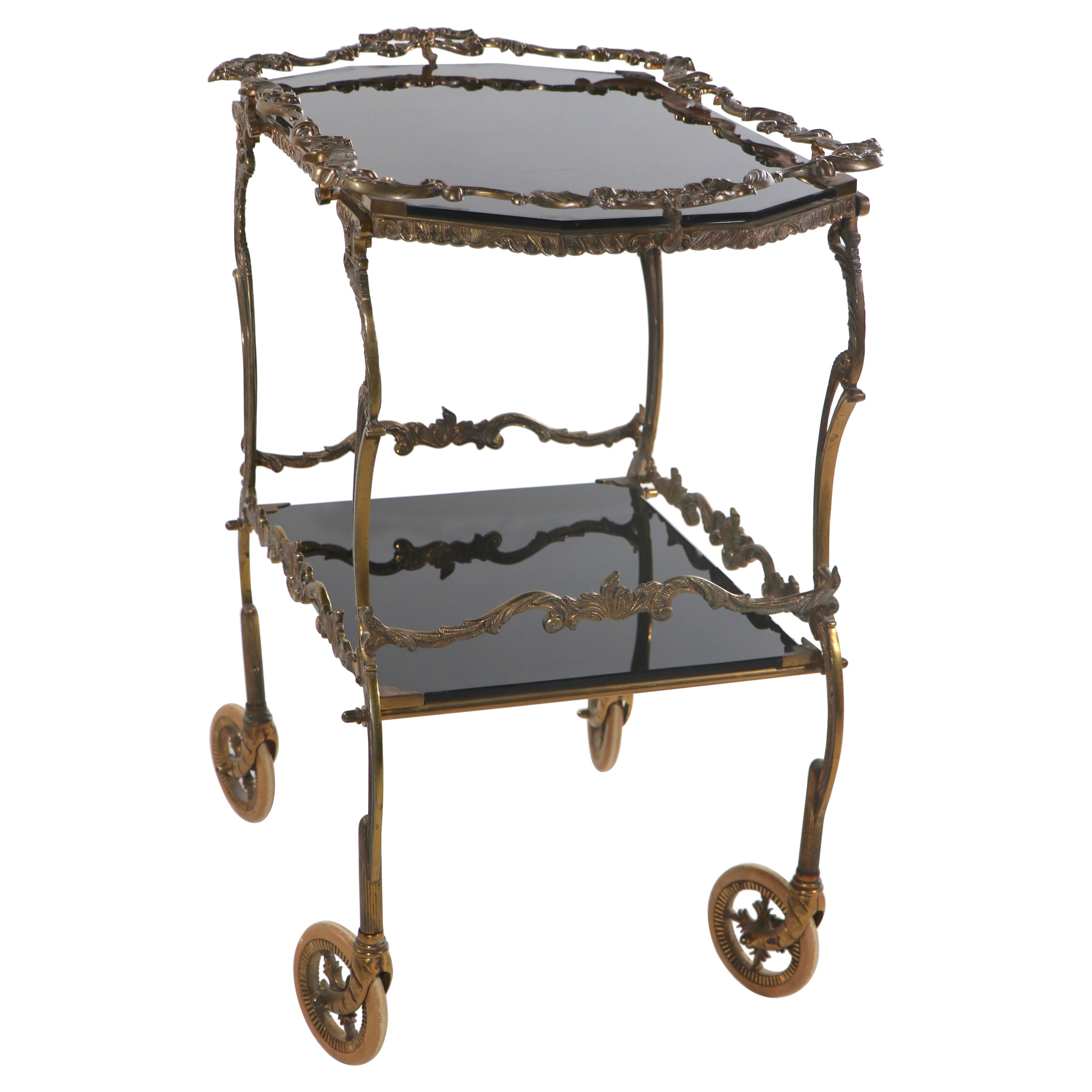 Rococo Cast Brass and Black Glass Serving Bar Cart with Removable Tray For Sale